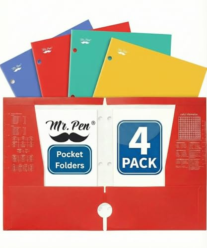 Mr. Pen- 4-Pocket Folders, 4 Pack, 12.5 x 9.5, Vibrant Colors, Tear-Resistant Paper Folders with Pockets 3 Holes Punched, High Capacity, Includes Rulers and Conversion Charts for Binder Organization