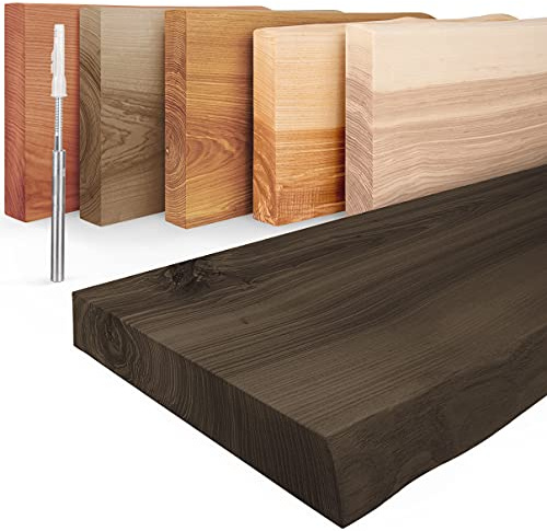 LAMO Manufaktur Schweberegal Holz mit unsichtbarer Befestigung | Wandregal 140 cm breit für Wohnzimmer, Home Office | Farbe: Schwarz, Kante: natürlich | Massivholz, modernes Design, Schwebende Optik