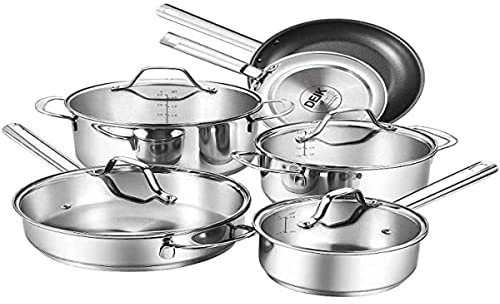 EN-228281 - Batería de cocina Chef de 10 piezas, juego de ollas y sartenes, cacerola de acero inoxidable cromado, apto para placas de inducción, tapa de cristal con sistema evaporativo