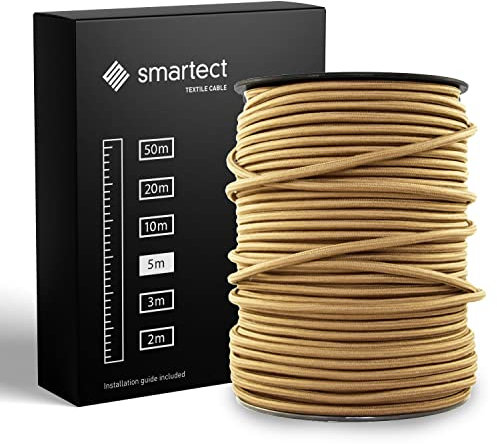smartect Cable Electrique Textile Marron Clair, Fil Electrique Tissu de 5 Mètres, 3 Conducteurs (3 x 0,75mm²) Cable Tissu Lampe pour Les Projets de Bricolage