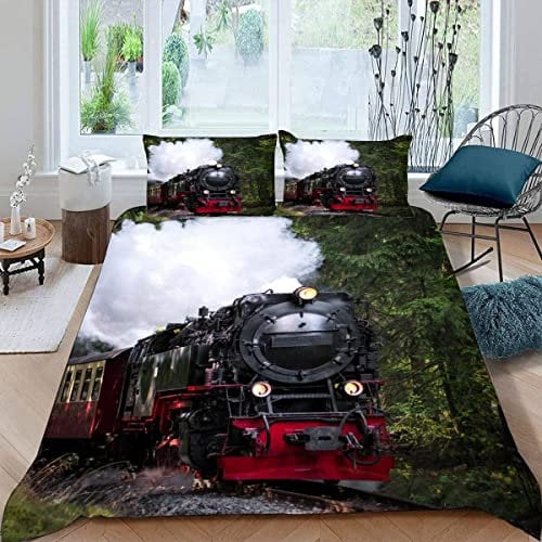 Aurorai Bettwäsche Set Dampflokomotive Eisenbahn 3D Druck Bettwäsche 135x200 Retro-Zug Bettbezug Mikrofaser Weiche Bettbezüge mit Reißverschluss 3 teilig mit 2 Kissenbezüge 80x80cm für Jungen