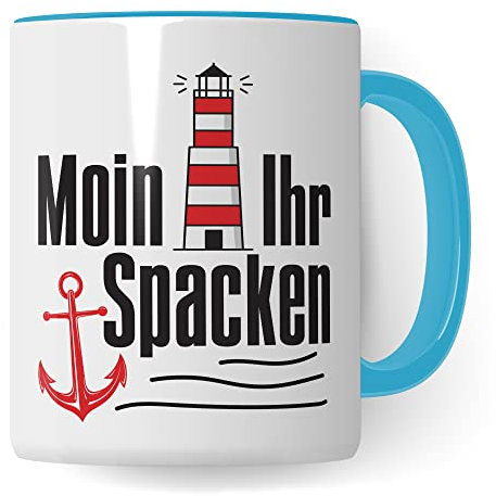 Moin ihr Spacken Tasse Kaffee-Tasse Geschenkidee für Norddeutsche Norddeutschland Meer Nordsee Ostsee Kaffeebecher (Weiß/Blau)