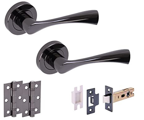 HANDLEZONE® Zena Internal Door Handle Latch Pack, Complete with Lever On Rose Handles, Latch, Ball Bearing Hinges - Black Nickel