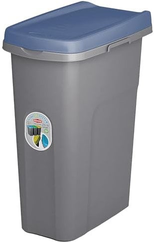 Home Centre Plastic Lift Top Lid Waste Bin Kitchen School 25 Litre Blue-Grey Slim Recycling General Trash & Storage Recycled Rubbish Organiser Container Dustbin Sturdy Quality Made in Italy