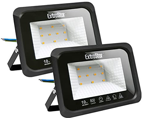 EXTRASTAR Focos Luces LED Exterior 10W IP65, Luz Blanca Fría 6500K, 800lm, para Puertas, Terraza, Jardín, Patio, Parque, Garaje, 2 pcs, Negro