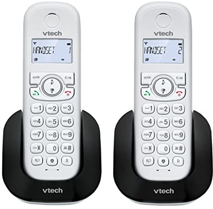 VTech CS1501 Teléfono inalámbrico casa duo, DECT Con doble carga Teléfono Fijo Escucha extra fuerte Manos Libres Bloqueo y identificador de llamadas Pantalla y teclado retroiluminados Blanco