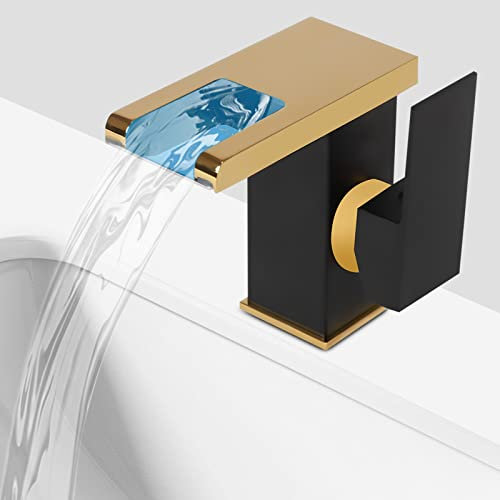 Wasserhahn mit Licht Bad, LED Wasserfall Badezimmer Wasserhahn Schwarz&Gold Led Licht 3 Farben Ändern Auslauf Waschtischarmatur für Badezimmer, Küchen, Duschen