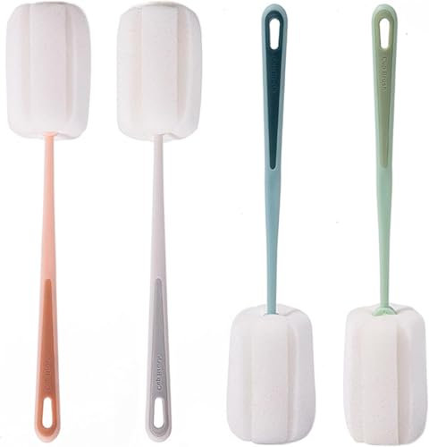 4 Pièces Ecouvillon Bouteille, Nettoyeur Biberon Eponge avec Poignée Brosse Nettoyage Bouteille pour Tasses Théière