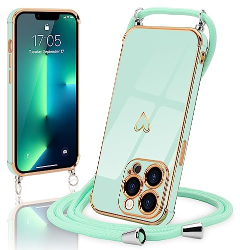 Micoden Handykette kompatibel mit iPhone 13 Pro hülle Ultra dünn Kameraschutz Herz Love Design Galvanik Silikon Bumper Kordel zum Umhängen Handyhülle mit Band Schutzhülle,Mintgrün