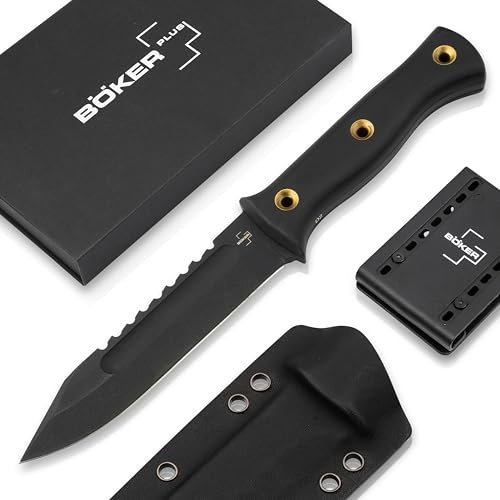 Böker Plus® Pilot Knife - schwarzes Überlebensmesser mit G10 Griff - Pilotenmesser mit scharfer D2 Klinge - Militär-Messer mit Kydex-Holster & Gürtel-Clip - Outdoor- & Survival -Armee-Messer