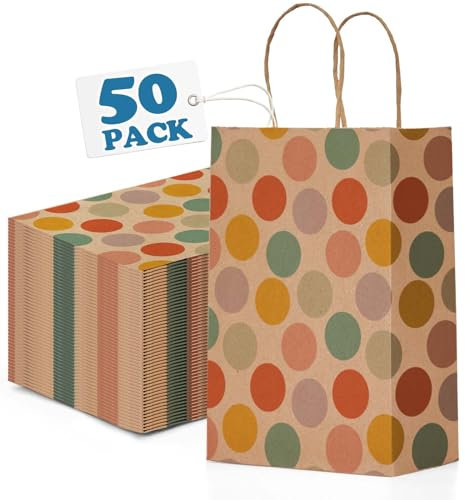 Switory 50 Stück Geschenktüten, Braun Papiertüten mit Henkel, Punkte Klein Papiertüten Für Party, Geburtstag, Hochzeit, Valentinstag 15x8x21CM