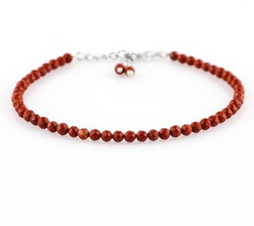 GEMKORA Natural Real Red Jasper Crystals Bracelet, 3mm Best Grade Micro Cut Beads, Chakra Energy Healing Gemstone, Beautiful Simple Jewellery, Silver Plated Jewellery 7+1 inch
