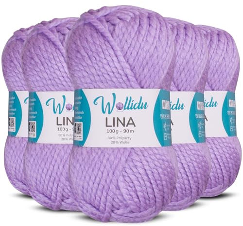 Wollidu Lina Wolle zum Stricken und Häkeln 500g 80% Polyacryl 20% Schafwolle Mulesing-frei Oeko-Tex 5x 100g/90m Häkelwolle/Strickwolle - Flieder