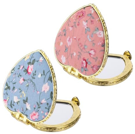 Lot de 2 Miroirs Compacts pour Sac à Main Miroirs de Maquillage Vintage Double Face à Fleurs pour Femmes et Filles Mini Miroir de Poche Pliable en Forme de Cœur pour Poche (Rose Bleu)