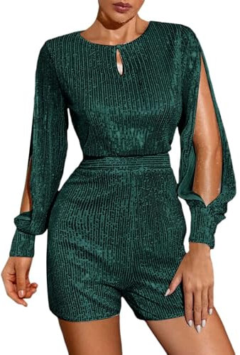 Briskorry Damen Glänzend Pailletten Jumpsuit Langarm Rundhals Einteiler Strampler Kurz Overall Elegant Playsuit Nacht Party Disco Clubwear Elegant Festlich Rave Outfit