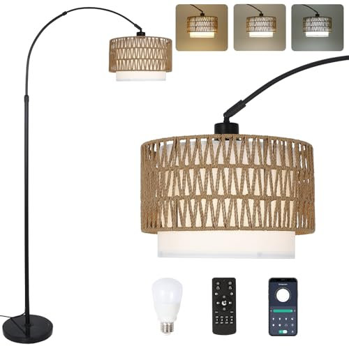 Rayofly Bogenlampe Wohnzimmer Stehlampe, Rattan Stehlampe mit Fernbedienung und LED-Glühbirne, App-Steuerung, Vintage Stehlampe mit Doppel-Lampenschirme, Boho Stehlampe für Schlafzimmer,E27 Floor Lamp