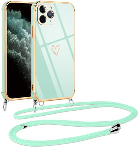 Vauki handyband für iPhone 11 Pro Hülle mit Band, Handyhülle mit Kette, Herz Motiv, Ultra Dünn Stoßfeste Aesthetic Case mit Kordel zum Umhängen für iPhone 11 Pro 5.8 Zoll, Grün