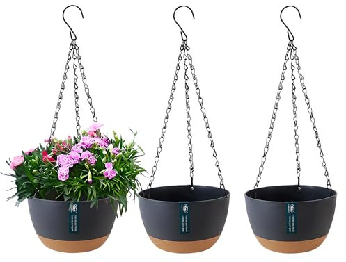 YuanDiann 3er Pack Hängende Blumentöpfe mit abnehmbarem Tablett, Selbstabsorbierende Hängepflanze Blumentopfkorb aus Kunststoff Außen Innen Blumenampel Haus Garten Balkon Dekoration Dunkelgrau 28.5cm