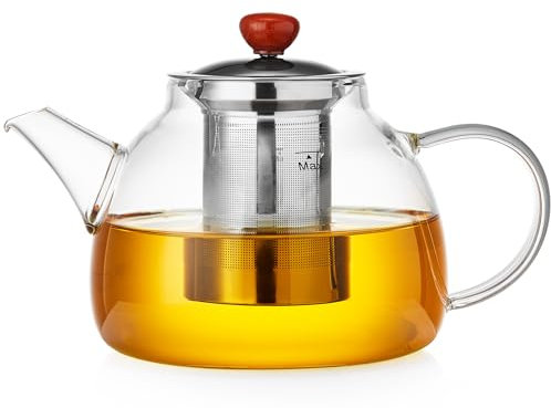 44oz Sturdy Glass Teapot with Removable Infusers for Loose Tea, Durable Stovetop Safe Tea Pot Maded of Thicker Borosilicate Glass with Insulated Lid, Multifunctional for Green, Black Tea and Tea Bag