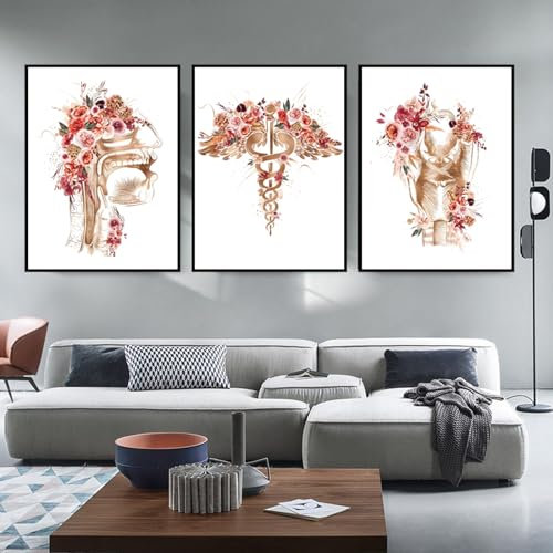 Abstrakt Medizin Anatomie Leinwandbilder Poster, Aquarell Blumen Menschliches Muskelsystem Poster Set Kunst Medical Office, Kein Rahmen (Organ Anatomie, 3x40x60cm)