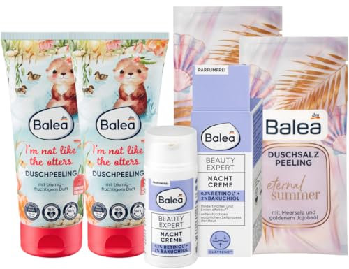 Balea 5er-Set Hautpflege: Duschpeeling I'M NOT LIKE THE OTTERS blumig-fruchtiges Körperpeeling (2 x 200 ml) + Beauty Expert NACHTCREME (1 x 30 ml) + Duschsalzpeeling ETERNAL SUMMER (2 x 60 g), 430 ml