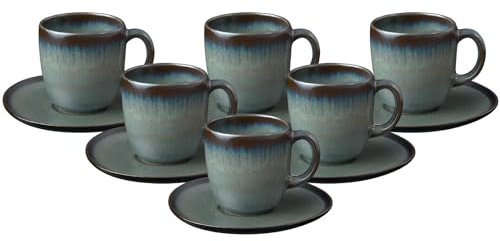 Villeroy & Boch like. by Lave Gris Kaffeetassen mit Untertassen 6er Set, 190 ml, Kaffee-Set für 6 Personen, Steingut-Kollektion im Pottery-Stil, Grau