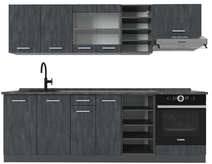 Vicco Küchenzeile R-Line, Küchenblock, Schwarz Beton/Anthrazit, 240 cm AP Eiche