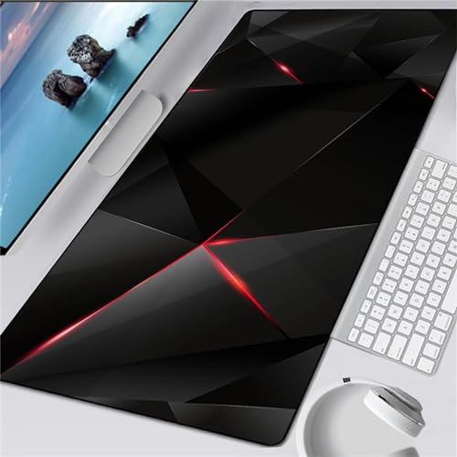 Mauspad XXL, 900x400x3mm Große Schwarz Rot Geometrisch Gaming Mauspad, rutschfest Schreibtischunterlage, Waschbares Mousepad mit Vernähte Kanten für Gamer PC Maus und Tastatur