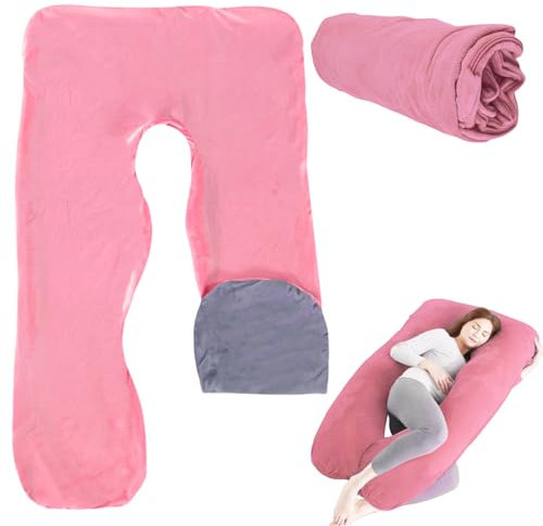 TOATELU Taie d'oreiller de Grossesse en Forme de U: Coussin Corps Amovible en Coton Housse de Remplacement pour Adulte, Coussin d'allaitement pour Adulte, Lavable en machine, 140x80cm (Rose+Gris)