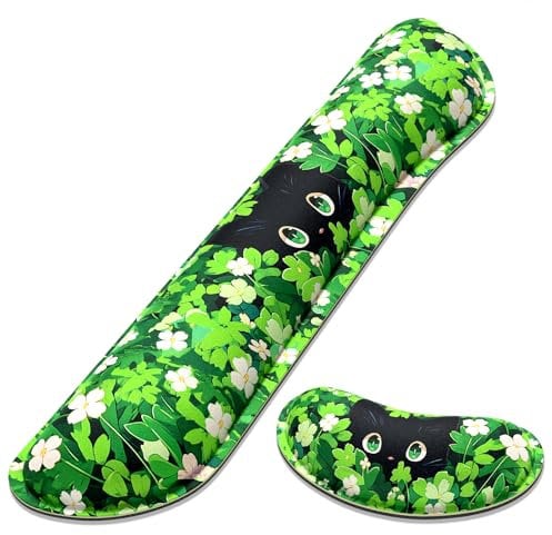 Dapesuom Enlarge Keyboard Wrist Rest, Memory Foam Wrist Cushion for Desk Mats Support, Typing Pain Relief Keyboard Mouse Pad Rests Set with Non-Slip Base for Gaming Laptop Computer, Anime Grass Cat