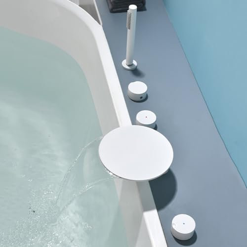 BiaoTeng 5-Loch Wannenrandarmatur Badewannenarmatur Wasserfall Warm und Kalt Anschluss G1/2 Wannenarmatur Wasserfall mit Ausziehbarem Dusch- & Badewannenarmaturen Set Weiß