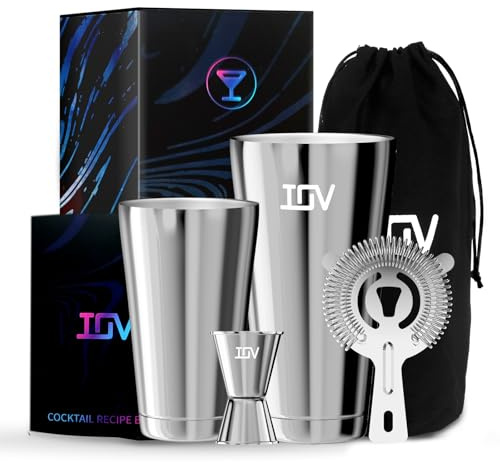 IOV Boston Cocktail-Shaker-Bar-Set, Barkeeper-Set, Getränkemixer-Set mit 530 ml und 793 ml Boston Shakern, Hawthorne-Sieb, Doppel-Messbecher, Bar-Werkzeug-Set und Rezeptheft – Silber