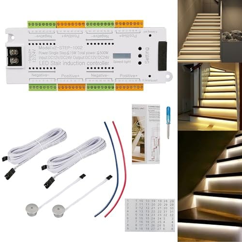 Inscrip Stair Light Controller Kit, Motion Sensor LED Stairs Lighting, Automatic Ladder Light Controller Step System, 32 Channels LED Stair Lighting, 12/24V Stairway Lights Sensor Controlling Kit
