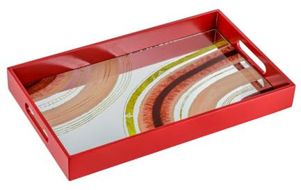 Baroni Home Vassoio Rettangolare con Fondo in Vetro a Fantasia Astratta, Vassoio da Portata con Bordo e Manici in Legno, Vassoio Decorato da Cucina, 40x24x4,5 cm, Rosso