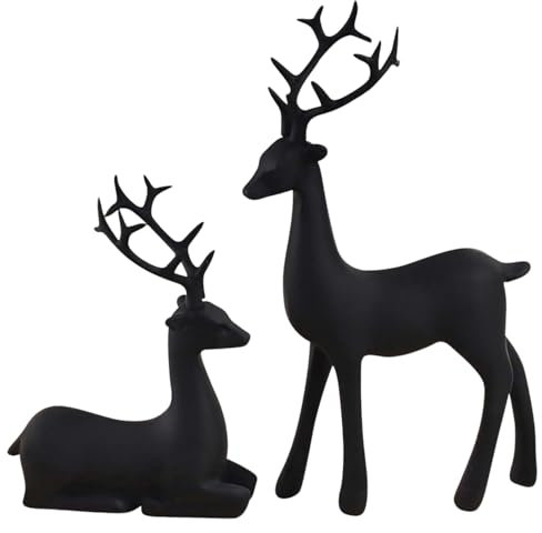 Rentier-Dekor stehend und sitzend Kunstharz nordische minimalistische Hirschfigur langhörniges schwarzes Rentier Weihnachtsdekoration für Wohnzimmer Weinschrank 2 Stück