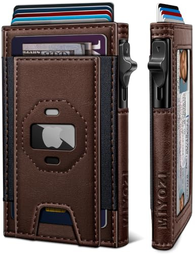 miyozi Airtag Geldbörse für Herren, schlankes Pop-Up-Kreditkartenetui, RFID-blockierend, minimalistische Geldbörse für 7–9 Karten, Ausweisfenster, mit Geschenkbox, Burnt Umber051, one size