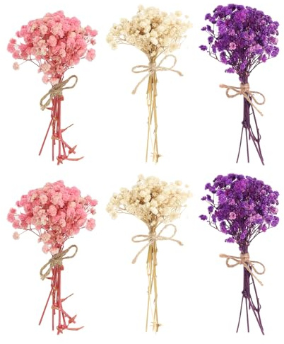 PATIKIL 6 Pcs Mini Bouquet Fleurs Séchées Rose/Violet/Rose Blanc | Gypsophile Naturelle avec Tige, Décoration Boho Plante Florale, pour l'Artisanat DIY Accessoires Photo Cadeau Mariage