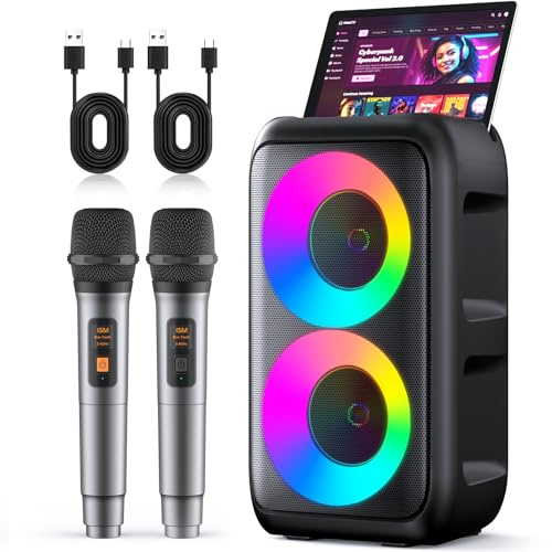 Karaoke Machine for Adults Kids, Portable Bluetooth Speaker with 2 Wireless Microphones, TWS Mode & LED Light, 10H Battery PA System, Home Party Outdoor Camping Birthday Gifts (Black)