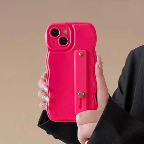 FABSPARK Phone Case for iPhone 15 with Flexible Adjustable Soft Finger Hand Wrist Strap Holder Kickstand,Wave Design Wavy Frame Silicone Aesthetic for iPhone 15 Phone Case,Hot Pink