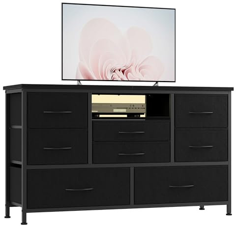 Cassettiera a 8 cassetti e mobile TV con LED, stazione di ricarica, cassettiera da camera con struttura in metallo, cassetto in tessuto, mobile portaoggetti