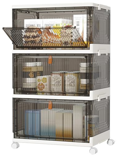 HOMIDEC Storage Boxes with Lids,22 Litre 3 Pack Stackable Boxes with Wheels,Foldable Storage Drawers,Plastic Unit for Toys/Office Supplies/Snacks/Books/Clothes,Smoke Grey