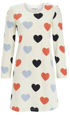 Ringella Damen Langarm Sleepshirt aus Baumwolle-Elasthan Single Jersey, Nachthemd mit Rundhalsausschnitt, Herz-Allover, leicht gerundeter Saum, weich & hautfreundlich