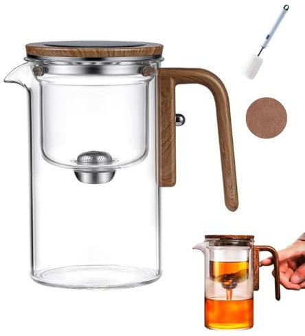 teiera degli assassini Teiera in vetro con filtro magnetico e manico in legno - Teiera magica con infusore for tè alle erbe e in foglie - Ideale(Transparent,600 ml)