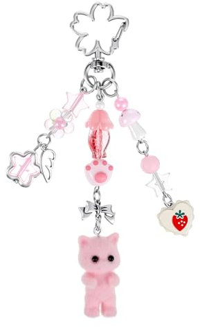 Sorcristy Joli porte-clés rose en forme de chat pelucheux - Accessoires élégants pour femmes et filles - Pendentif en forme de nœud en forme de cœur Y2K - Ornements de boucle de chat pour sac à dos