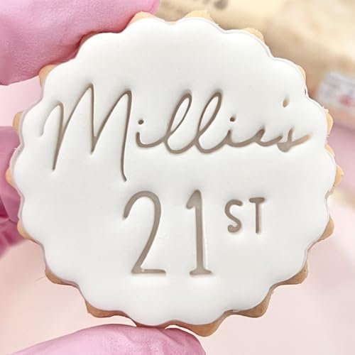 Customised Birthday Fondant Stamp Embosser, fits M&S Biscuits Cookies Custom Personalised to Any 3 Words Happy Birthday 21st 18th 16th 1st 30th 40th 21 Marks and Spencers with Free Cutter