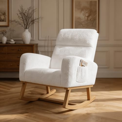 HYNHXBP Fauteuil à Bascule, Fauteuil à Bascule avec Poches latérales, Pieds en Bois Massif, Fauteuil de Salon, Convient pour Le Salon et la Chambre (Blanc)