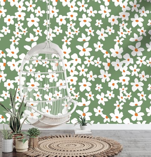 Selbstklebende Tapete Grün Blumen, 44.5 x 500cm Blumentapete Klebefolie Orange Weiss Blumen Pflanzen Tapete Boho Klebetapete Möbelfolie Selbstklebend für Badezimmer Wohnzimmer Schlafzimmer Küche