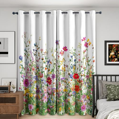 Generisch Wildblumen Vorhänge Blickdicht Gardinen mit Ösen, Bunt Blumen Botanisch Deko Muster Wohnzimmer Schlafzimmer Fenster Verdunklungsvorhänge, H 220 x B 140 cm 2er Set (-F729)