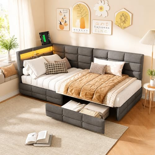 Zorvani Polsterbett Schlafsofa 90x200, Kinderbett mit LED und USB-Ladestation, Jugendbett Tagesbett mit 2 Schubladen&Lattenrost, Sofabett, Gästebett, Bettgestell ohne Matratze