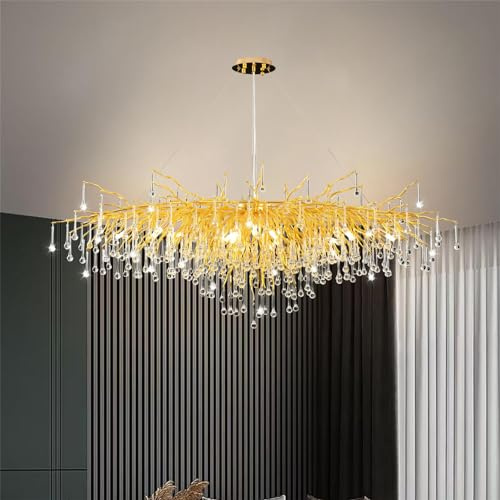 Leomix Moderner Kristall-Baumast-Chandelier, Große Rechteckige Kristall-Tropfen-Deckenleuchte – Innenschalungslampe für Wohnzimmer, Kücheninsel, Esszimmer, Flur oder Schlafzimmer,Gold l140cm
